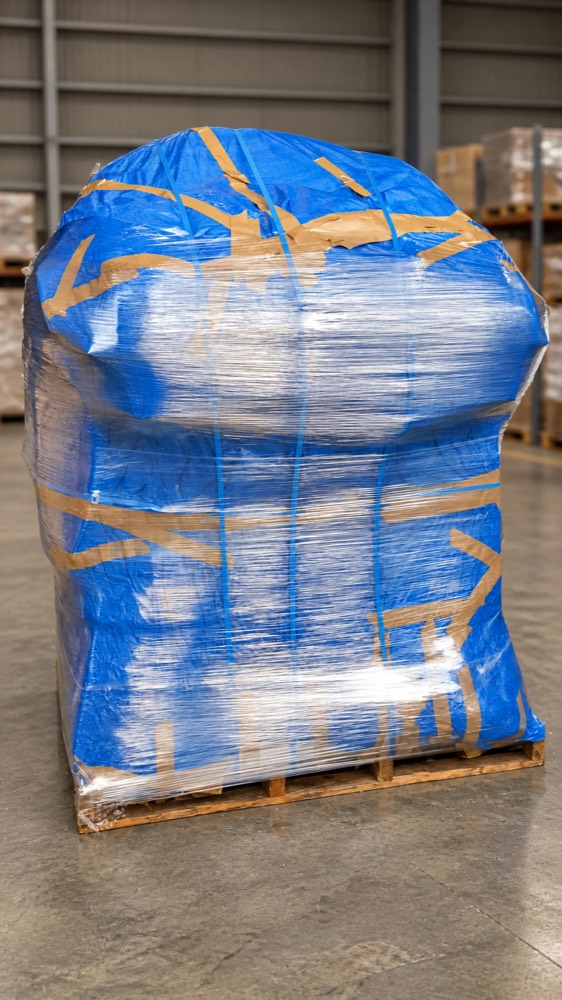 Export pallet prepared and wrapped for international shipment from Japan